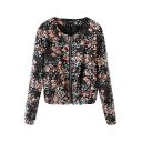 Vintage Floral Print Round Neck Zipper Fly Cropped Coat