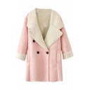 Suede Notched Lapel Double-Breasted Coat with Woolen Lining