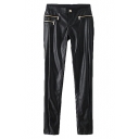 Black Golden Zipper PU Pants with Zipper Fly