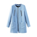 Blue Relaxed Zippered Round Neck Pockets Coat
