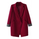 Midi Notched Lapel Slim Wool Coat with Double-Breasted