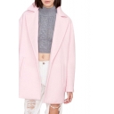 Pink Drop Sleeve Notched Lapel Open Front Woolen Coat