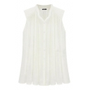 White Plain Stand Collar Pleated Button Front Sleeveless Chiffon Blouse
