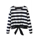 Stripes Pattern Long Sleeve Blouse with Round Neckline and Bow Tie Hem