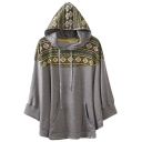 Sweatshirt Style Ethnic Print Hooded Coat with Batwing