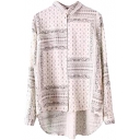 White Background Scarf-Print Style Long Sleeve Shirt with High-low Hem