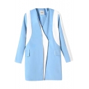 Color Block Long Sleeve V-Neck Wool Coat with Button Fly