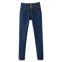 Dark Wash High Waist Fleece Pencil Jeans with Three Buttons Front