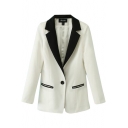 Color Block Notched Lapel Collar Single Button Fitted Blazer with Pockets