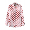 White Lapel Red Polka Dot Single Breast Blouse with Long Sleeve