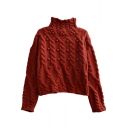 Thread Ball and Twist Cable Knit Pattern High Collar Plain Long Sleeve Sweater