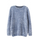 Plain Long Sleeve Mohair Knitting-needle Sweater with Round Neckline