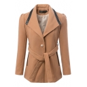 Fitted Relaxed PU Insert Lapel Collar Belted Single-Breast Woolen Coat