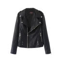 Loose Plain Studed Inclined Zipper Fly PU Biker Jacket with Notched Lapel