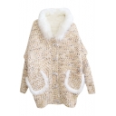 Lamb Hair Added Pockets Embellished Batwing Vintage Hooded Button Fly Cardigan