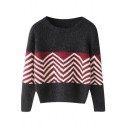 Color Block Chevron Pattern Long Sleeve Cropped Cat Hair Sweater with Round Neckline