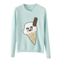 Candy Color Light Blue Cartoon Ice Cream Applique Round Neck Sweater