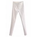 Plain Ankle-Cuff High Waist Skinny Pants with Four Button Front