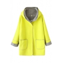 Plain Hooded Open Front Pockets Sherpa Woolen Coat
