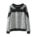Black Illusion Lace Shoulder Insert Gray Long Sleeve Round Neck Sweatshirt