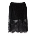 High Waist Plain Midi Skirt with Eyelash Lace Insert