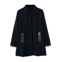 Dark Blue PU Panel Wool Lapel Coat with Zippered Pockets Embellished