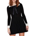 Peter Pan Collar Knitted Pleated Dress with Contrast Trim and Bow-Tie
