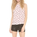 Cute Strawberry Print Sleeveless Top with Button Back