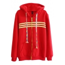 Tri Stripe Print Long Sleeve Hooded Coat  with Zipper Fly and Pockets Front