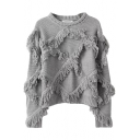 Plain Vintage Tassel Detail Cropped Sweater with Round Neck