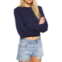 Candy Color Round Neck Long Sleeve Cropped Sweatshirt