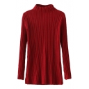 Plain High Neck Fitted Stripe Jacquard Long Sleeve Sweater