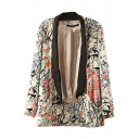 Chinese Ink Floral Print Lapel Collar Open Front Laid Back Blazer