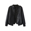 Button Fly Stand Collar PU Jacket with Back Hem Split