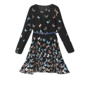 Butterfly Print Long Sleeve Round Neck Babydoll Dress with Belt