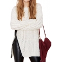 White Loose Cable Cutout Knit Split Hem Zippered Right Side Sweater