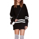 White Stripe Black Background Long Sleeve Midi Sweater