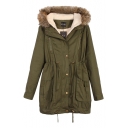 Fluffy Hood Zip Fly Coat with Suede Lining and Drawstring Details