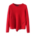 Plain Round Neck Sweater with Asymmetrical Hem and Oblique Zip