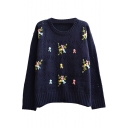 Embroidered Floral Pattern Round Neck Long Sleeve Cutout Sweater