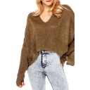 Plain Deep V-Neck Batwing Loose Knitted Sweater with Double Pocket