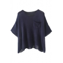 Cozy Sheer Plain Elbow Sleeve Sweater with Asymmetrical Hem and Small Pocket