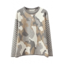 Camouflage and Curve Pattern Round Neck Sweater in Loose Fit