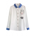 White Animal Letter Embroidered Peter Pan Collar Single-Breast Blouse