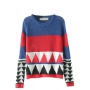 Geo-Tribal Pattern Ribbed Knit Long Sleeve Sweater with Round Neckline