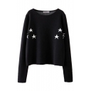 Star Pattern Long Sleeve Black Sweater with Round Neckline