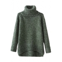 Vintage Plain Turtleneck Collar Raglan Sleeve High Low Hem Sweater