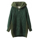 Plain Sherpa Hooded Cable Knit Color Block Zippered Midi Cardigan