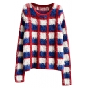 Color Block Plaid Round Neck Mohair Knitted Sweater