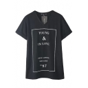 Frame&Word Print V-neck Short Sleeve T-Shirt